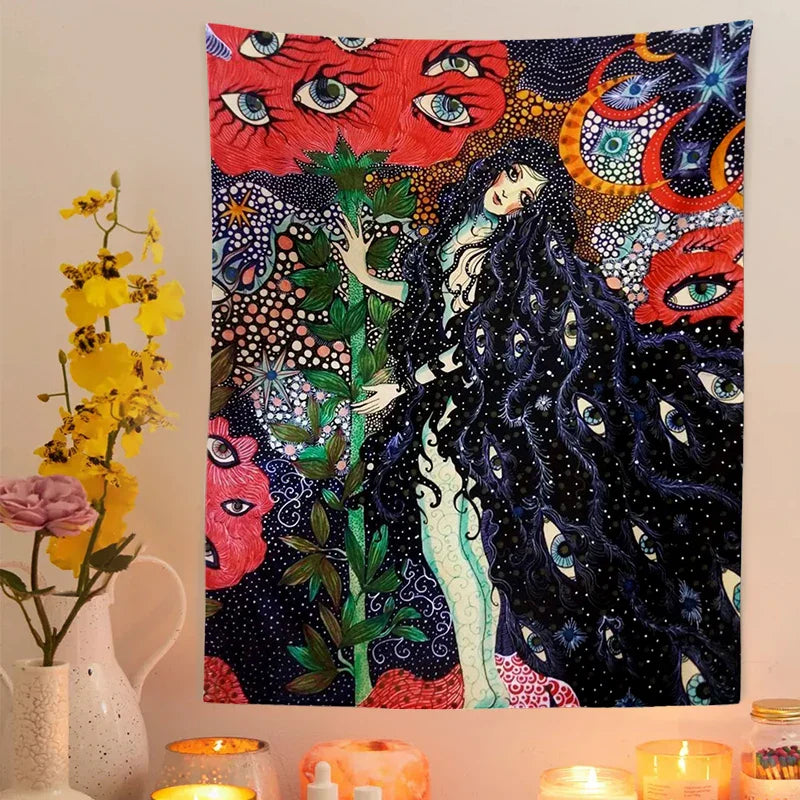 Decobites Psychedelic Celestial Floral Wall Hanging Tapestry for Dorm Decor