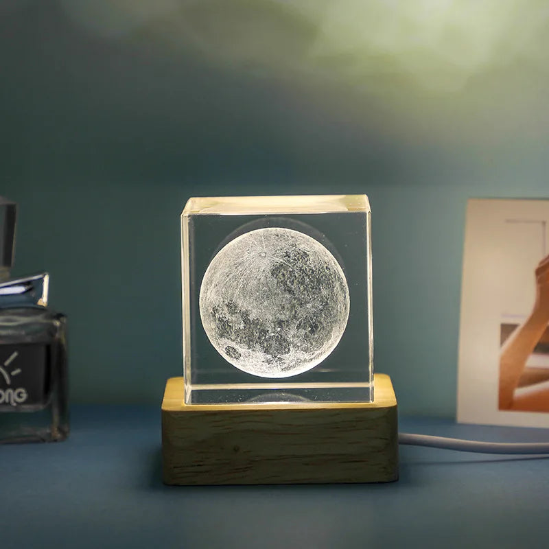 DecorBites™ 3D Moon Solar Galaxy Crystal Glass Cube Night Light Desktop Decor