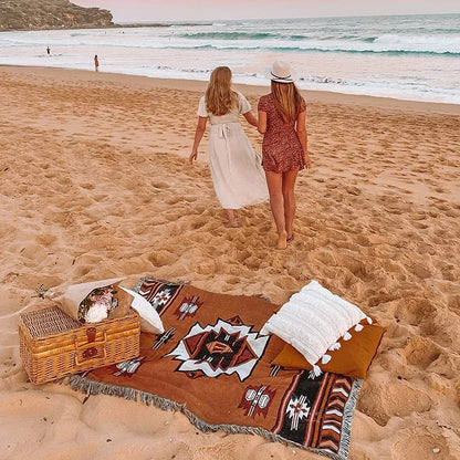 غطاء أريكة من بطانية الشاطئ من DecorBites™ - بطانية منقوشة بنقشة الريف الأمريكي - نسيج قطني مزخرف بشراشيب