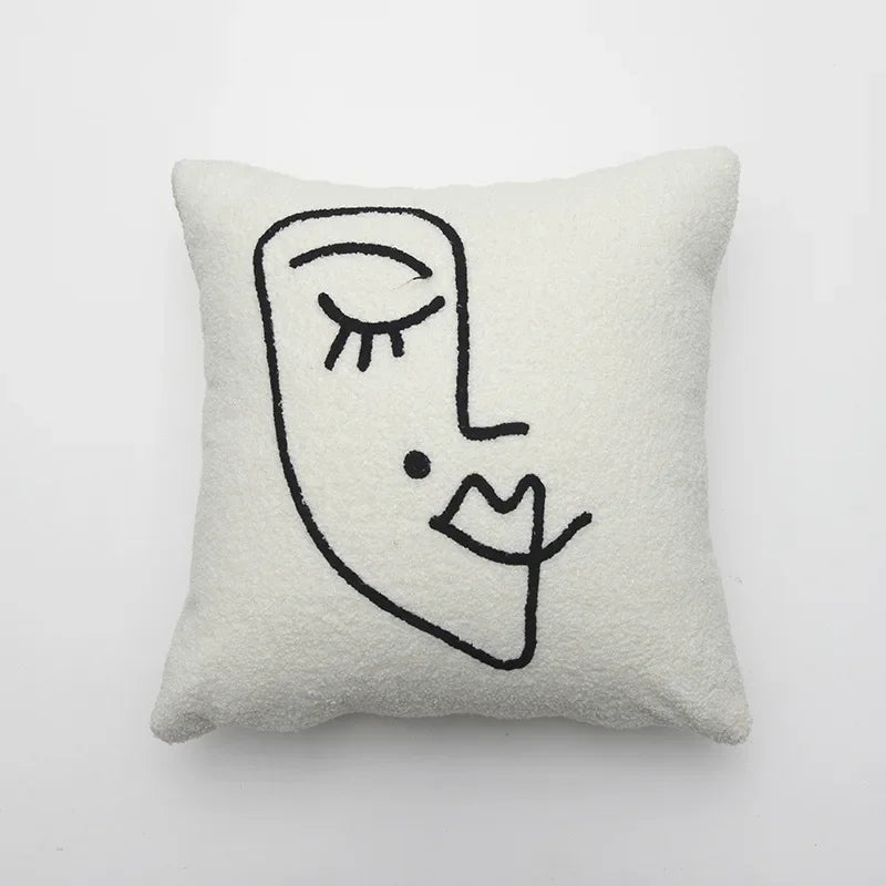 DecorBites™ Lambswool Face Embroidered Cushion Cover 45x45 - Beige White Abstract Art Pillowcase