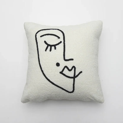 DecorBites™ Lambswool Face Embroidered Cushion Cover 45x45 - Beige White Abstract Art Pillowcase