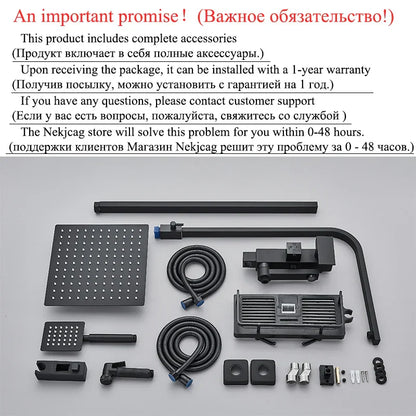 Juego de grifería para ducha DecorBites™ de latón negro con caño giratorio para bañera y columna de ducha tipo lluvia