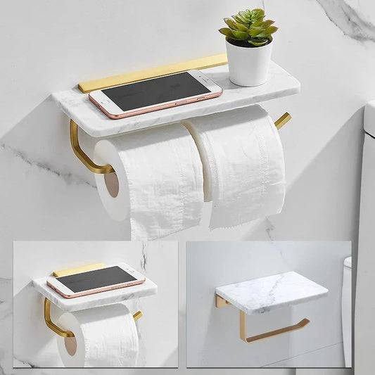 DecorBites™ Gold Marble Toilet Paper Holder Tissue Box Stand Wall Mount Bathroom Rack
