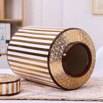 DecorBites™ Golden Stripe Ceramics Vase with Cover, Modern Storage Jar for Home Decor