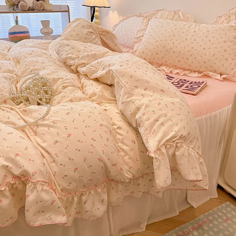 Decorbites™ Spitzen-Bettwäsche-Set: Bedrucktes Design, Einzelbett-Größe Queen, Gemütliche Steppbettbezug, Spannbettlaken, 2 Kissenbezüge