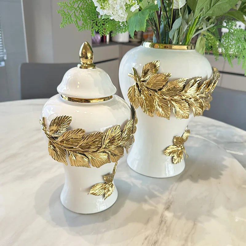 DecorBites™ Golden Leaves Ceramic Flower Vase with Hand-embossed Flowers for Flower Arrangement