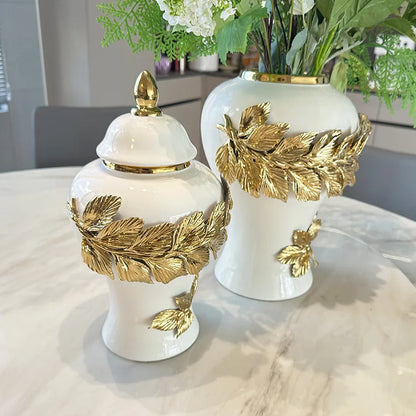 DecorBites™ Golden Leaves Ceramic Flower Vase with Hand-embossed Flowers for Flower Arrangement