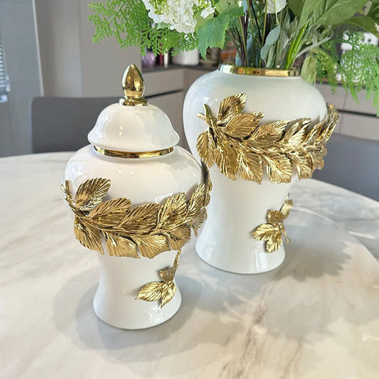 DecorBites™ Golden Leaves Ceramic Flower Vase with Hand-embossed Flowers for Flower Arrangement