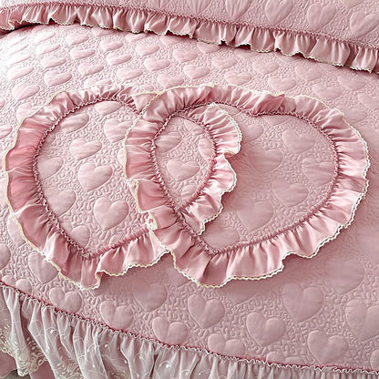 Decobites Korean Princess Style Bedding Set with Lace Ruffles and Love Theme