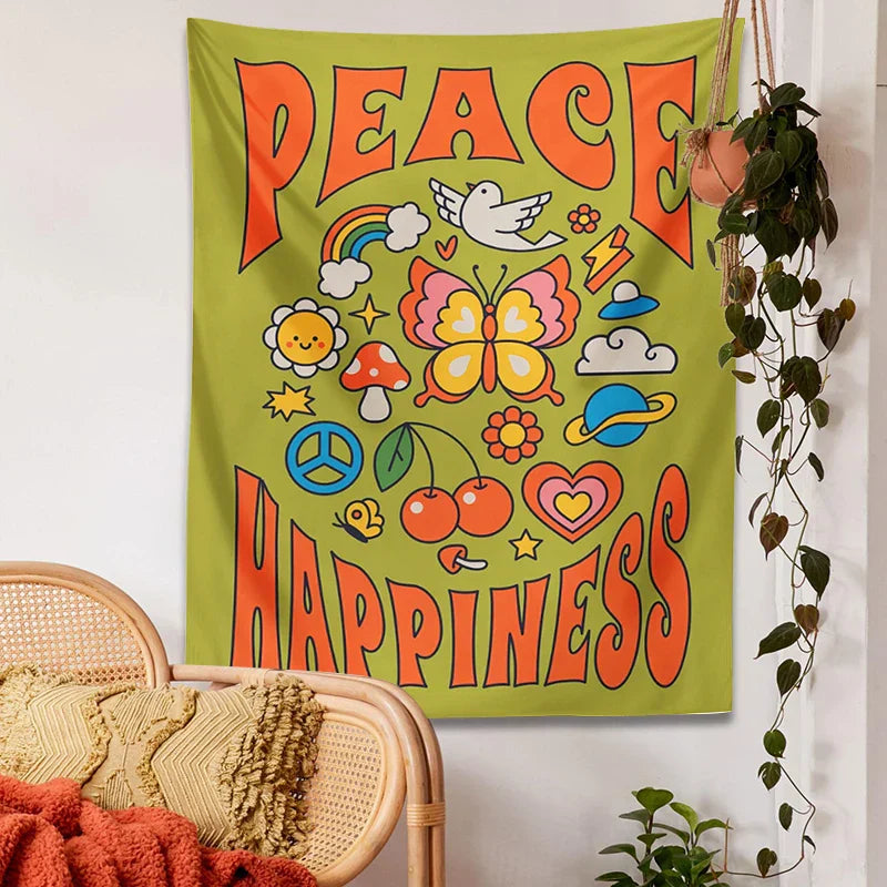 Decobites Hippie Trippy Tapestry: Flower Peace Happiness Butterfly Rainbow Sun Wall Decor