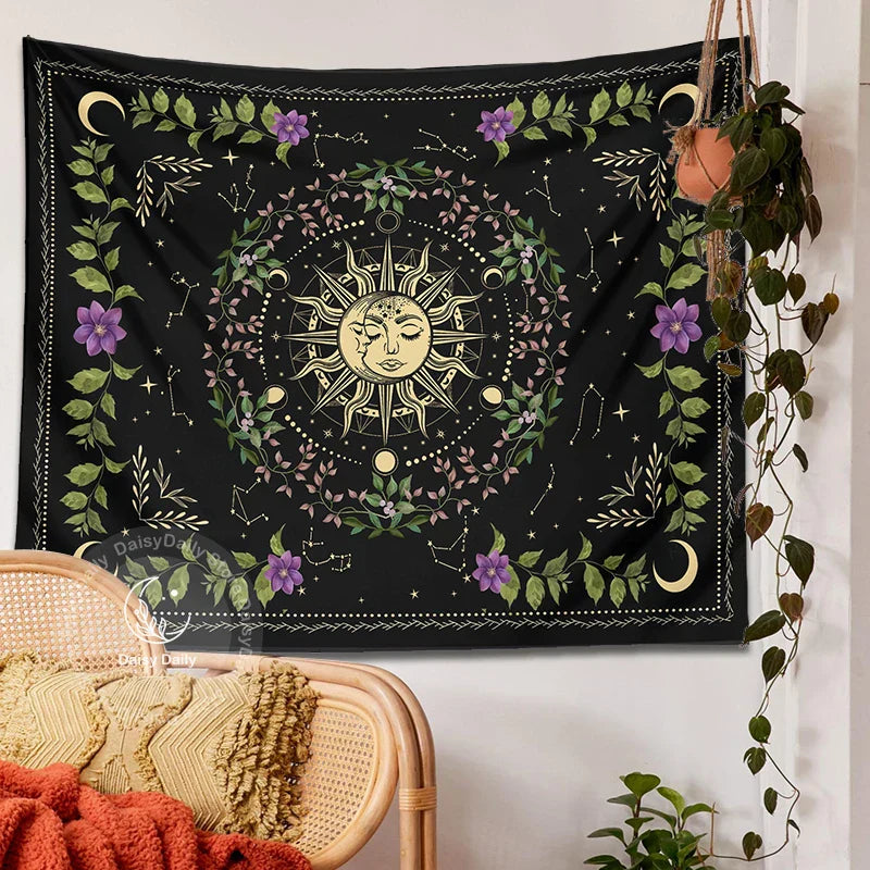 Decobites Botanical Moon Phase Floral Tapestry Wall Hanging for Cottagecore Dorm Decor