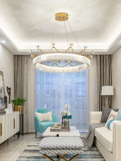 DecorBites™ Crystal Chandelier: Nordic LED Luxury Round Crown Petal Design for Girls' Bedroom