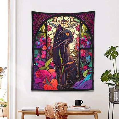 Decobites Floral Cat Tapestry Stained Glass Wall Art - Boho Cat Decor