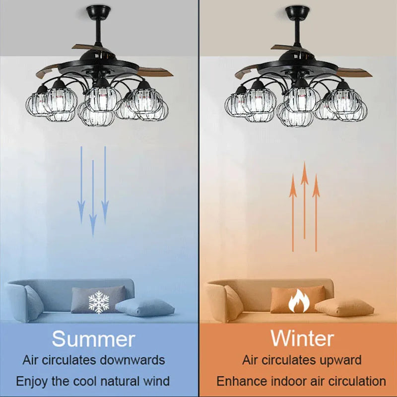 DecorBites™ Black Crystal LED Ceiling Fan Chandelier, 6/9 Heads, Remote Control, Reverse Motor