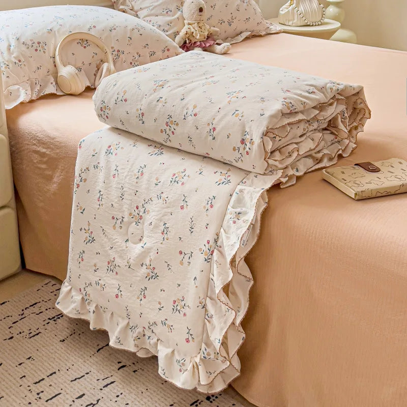 DecorBites™ Korean Cotton Patchwork Quilt with Lace and Ruffle for Summer