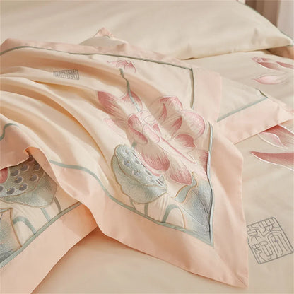 Decobites Pink Satin Jacquard Lotus Duvet Set 4Pcs Queen King Bedlinens