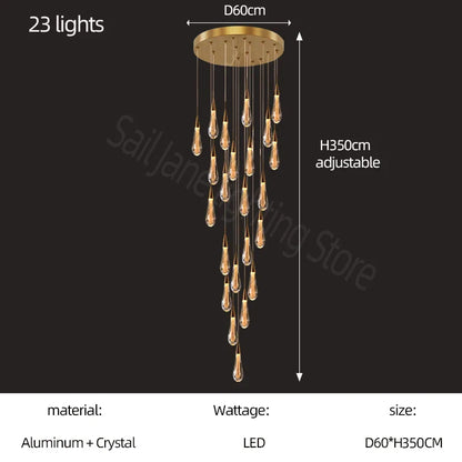 DecorBites™ Gold Crystal Chandelier for Modern Living, Dining & Stair Lighting