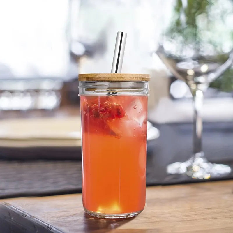 DecorBites™ Glass Boba Smoothie Cup with Bamboo Lid & Stainless Steel Straw