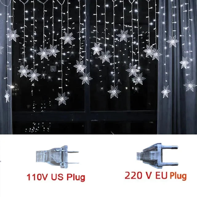 3.2M Christmas Light Led Snowflake Curtain Icicle Fairy String Lights Outdoor Garland Home Party Garden 2023 New Year Decoration