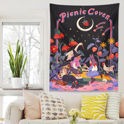 Decobites Psychedelic Forest Tapestry Wall Hanging: Magical Fairy Tale Mushroom Moon Fantasy