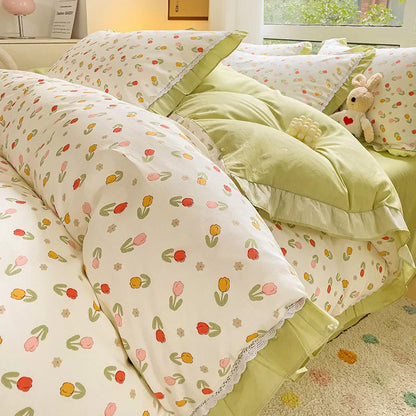 Decobites Floral Ruffles Bedding Set with Duvet Cover, Sheets, and Pillowcases