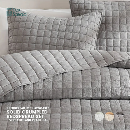 Decobites Soft Crumpled Bedspread Set (1 Bedspread + 2 Pillowcases) - Breathable & Comfortable