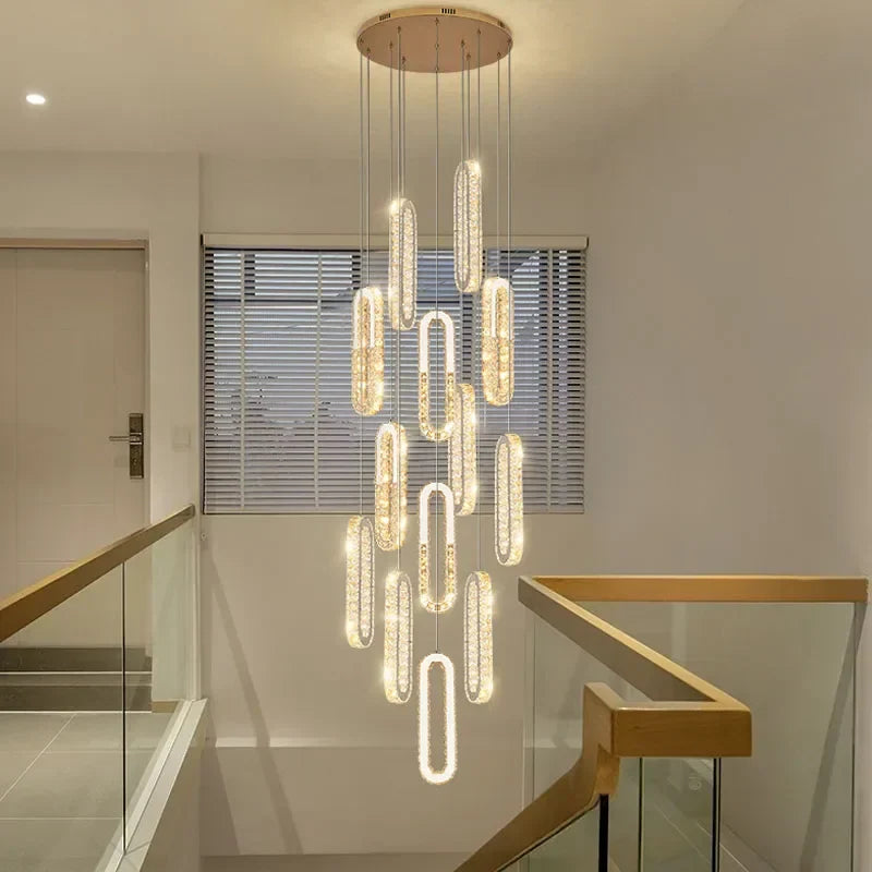 DecorBites™ Gold Crystal LED Chandelier: Modern Luxury Long Pendant Light for Living Room