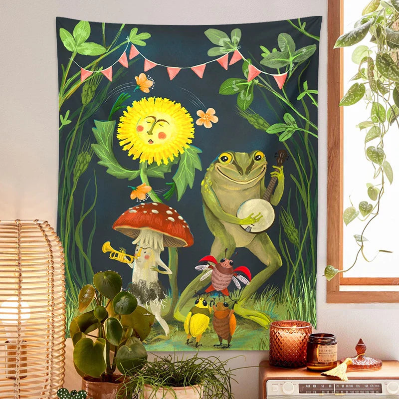 Frog Mushroom Tapestry Wall Hanging by Decobites: Psychedelic Forest Animals Gathering Art Home Decor