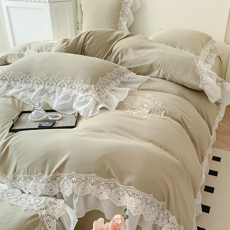 Decobites Matcha Green French Chiffon Lace Queen Bedding Set with Ruffles & Embroidery