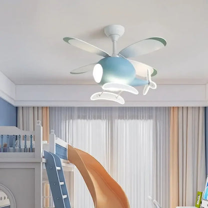 Ventilador de techo infantil DecorBites™ con forma de helicóptero y lámpara de araña con luz LED - Diseño moderno de aeronave