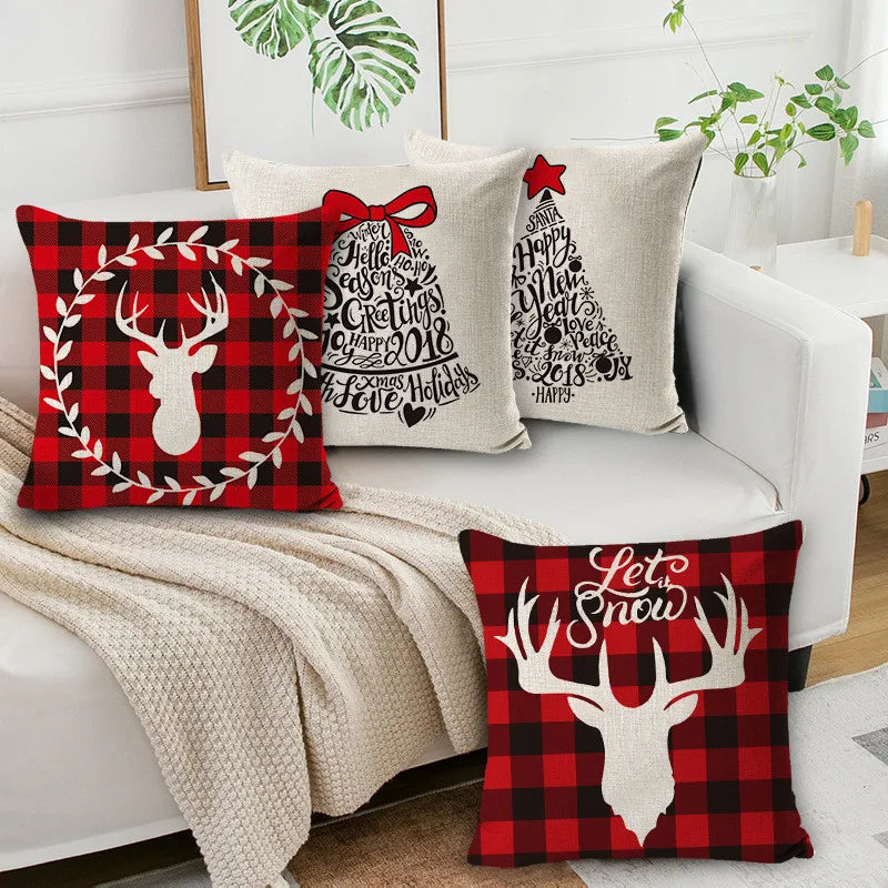 DecorBites™ Elk Print Linen Pillowcase: Festive Christmas Cushion Cover for Sofa - 2023 New Year Decor