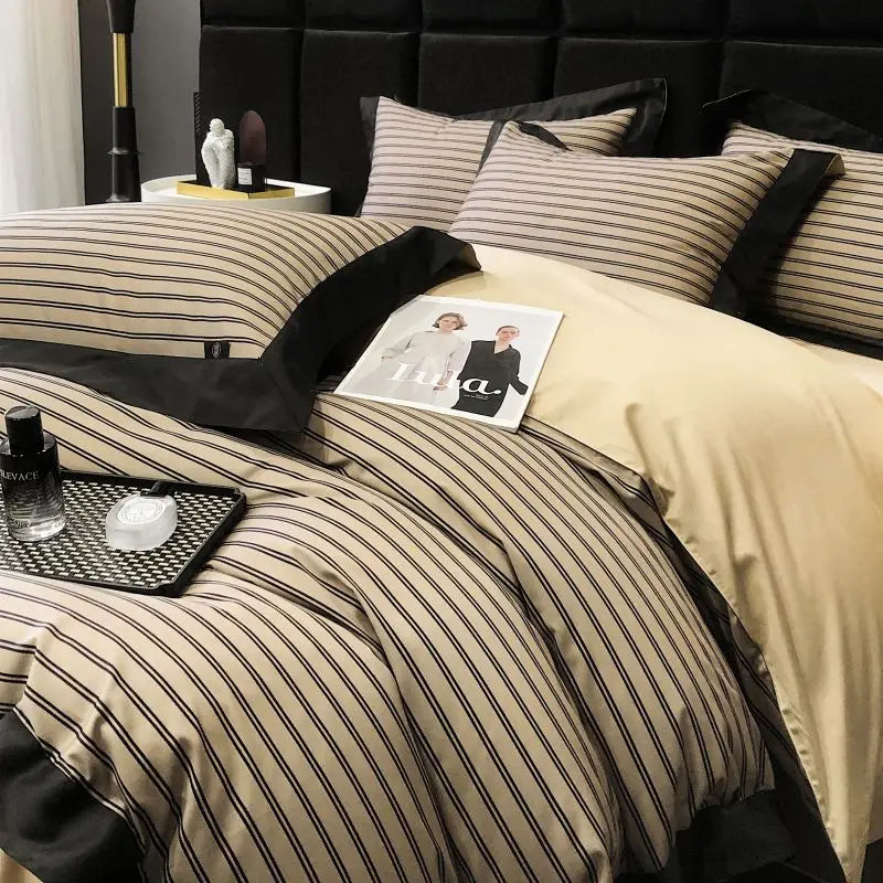 Decobites Luxury Egyptian Cotton Stripes Bedding Set - 4-Piece Duvet Cover, Sheet, Pillowcases