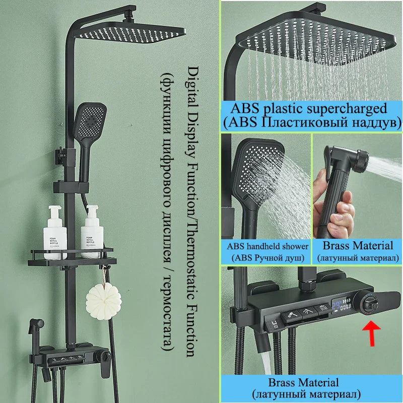 DecorBites™ Digital Display Thermostatic Shower Faucet Set with Rainfall Shower Column in Chrome