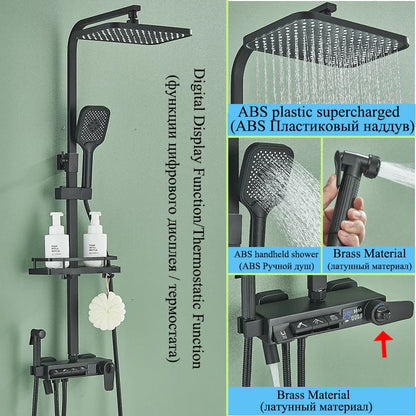 DecorBites™ Digital Display Thermostatic Shower Faucet Set with Rainfall Shower Column in Chrome