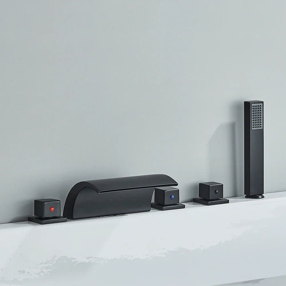 DecorBites™ Black Brass Waterfall Tub Faucet Three Handles Hot Cold Mixer