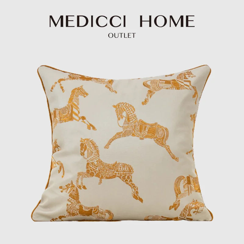 DecorBites™ Gold Faux Silk Horses Jacquard Cushion Cover, Soft Chinese Style Throw Pillow Case