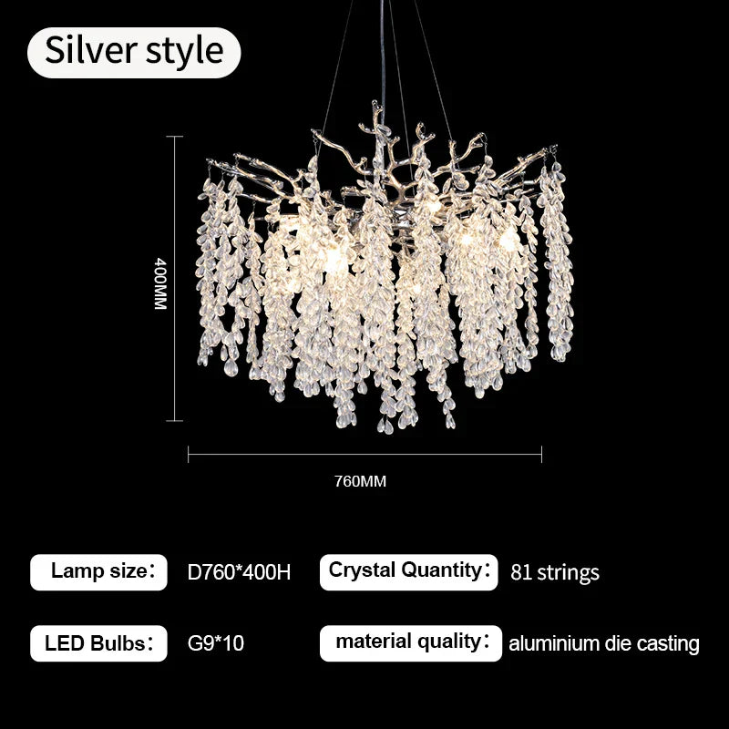 DecorBites™ Grape Crystal Chandelier Silver Gold LED Tree Branch Luxury Lighting
