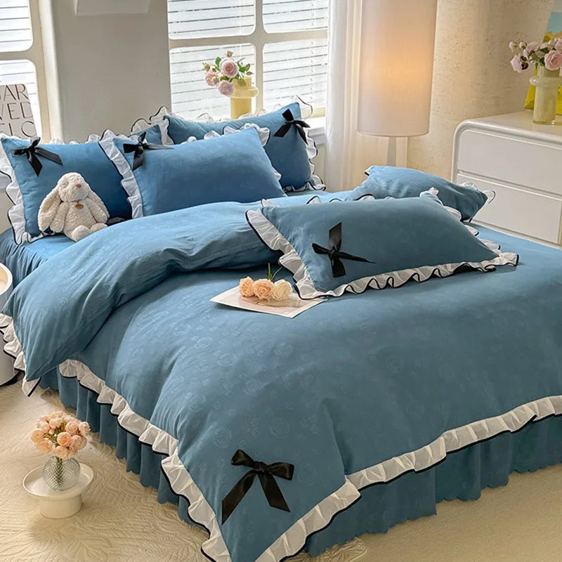 DecorBites™ Lace Bow Bed Skirt Bedding Set in Romantic Solid Color for King Queen Double Sizes