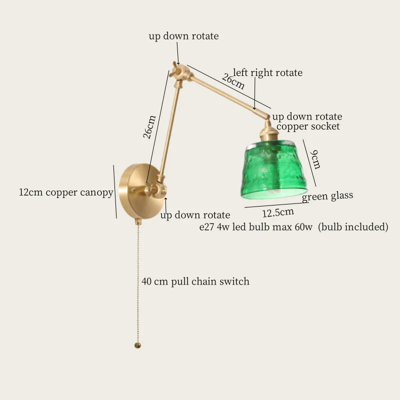 Decorbites™ Grüne Glas-LED-Wandleuchten mit Zugkette Vintage-Messing Heimdekoration