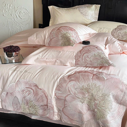 Decobites Luxury Pink Blue Champagne Flowers Embroidery Bedding Set 1000TC Egyptian Cotton