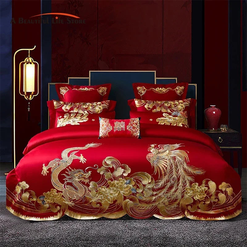 Decobites Red Chinese Wedding Style Bedding Set with Gold Loong Phoenix Embroidery