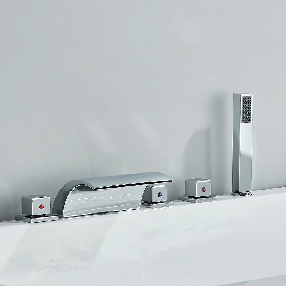 DecorBites™ Black Brass Waterfall Tub Faucet Three Handles Hot Cold Mixer