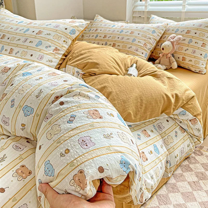 DecorBites™ Cartoon Pattern Cotton Bedding Set with Double-Layer Quilt Cover & Super Soft Bedsheet