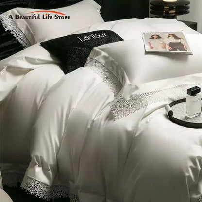 طقم مفروشات سرير DecorBites™ بحافة دانتيل فرنسية، قطن مصري 1000 خيط، مقاس كوين كينج، لحاف، ملاءة، أغطية وسائد