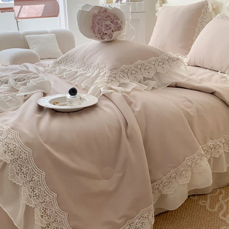 Decobites French Wedding Lace Ruffles Bedding Set