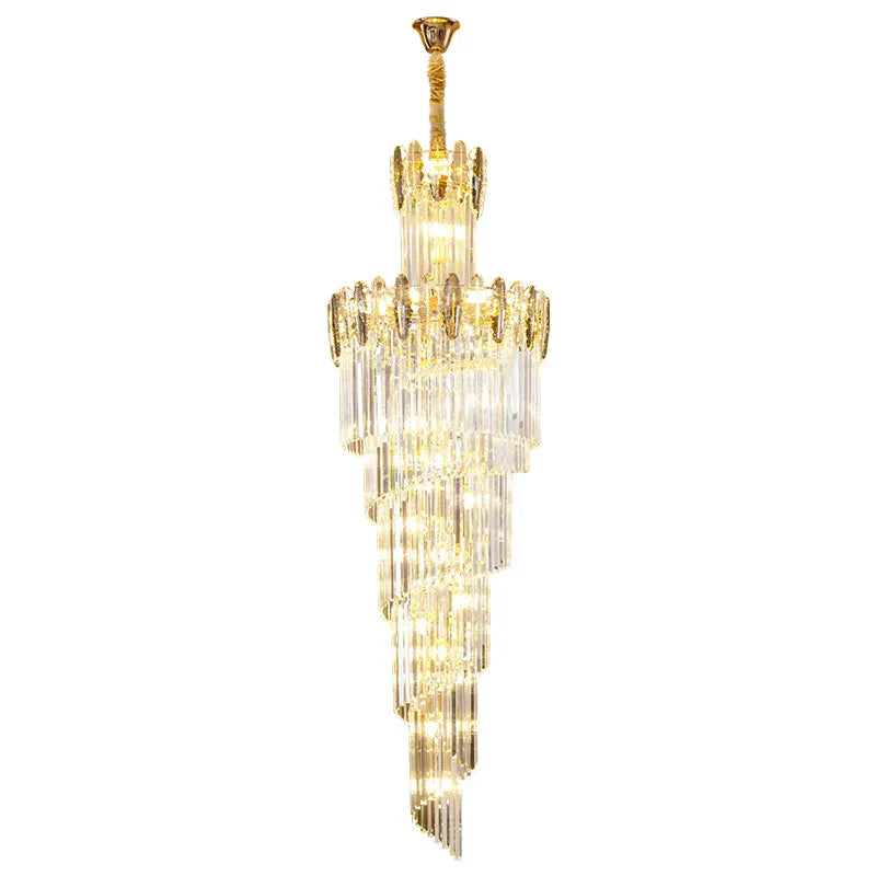 DecorBites™ Crystal Chandelier: Elegant minimalist duplex living room lighting with a touch of luxury.