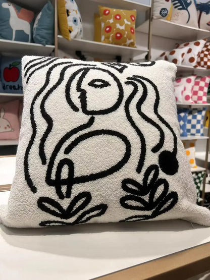 DecorBites™ Lambswool Face Embroidered Cushion Cover 45x45 - Beige White Abstract Art Pillowcase