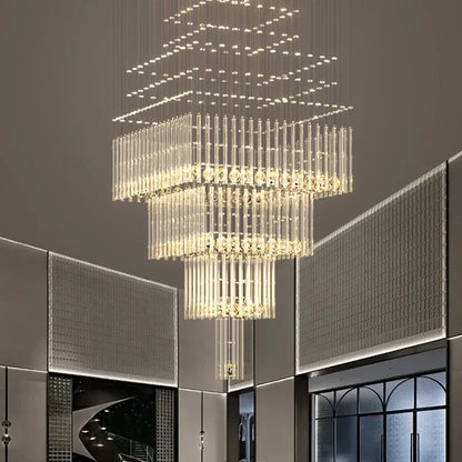 DecorBites™ Crystal Ceiling Chandelier: Modern Columnar Square Base Hanging Lamp for Living Room & Staircase