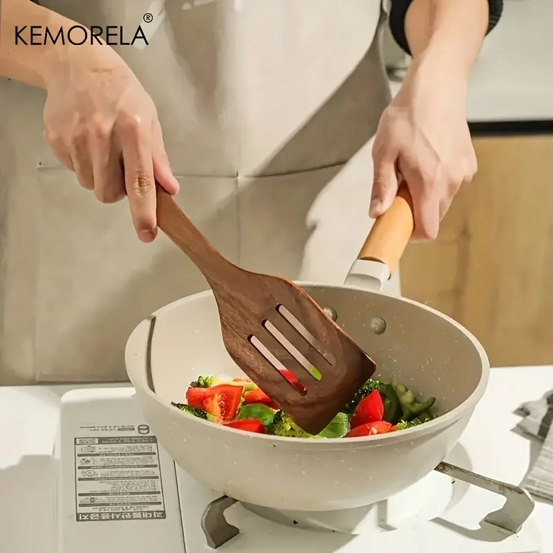 DecorBites™ Juego de 5 cucharas de cocina de madera de teca - Utensilios de cocina naturales