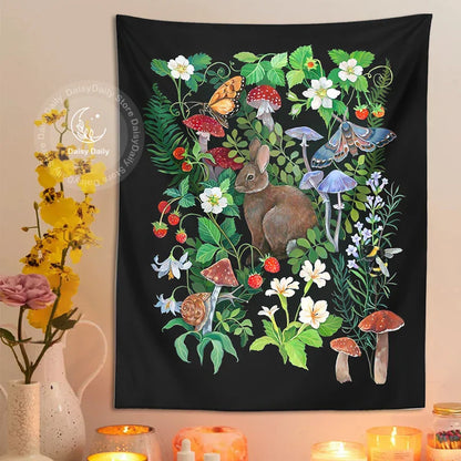 Decobites Rabbit Strawberry Garden Tapestry: Psychedelic Mushroom Flower Boho Wall Art